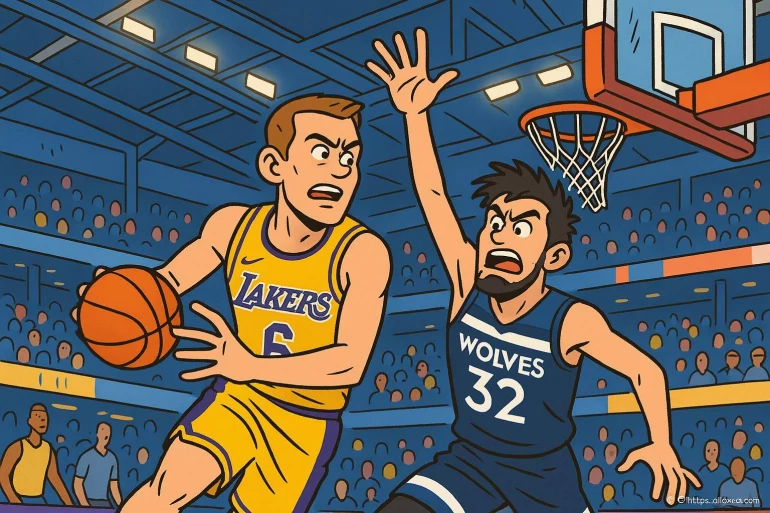 Duel intense entre joueurs Lakers et Wolves