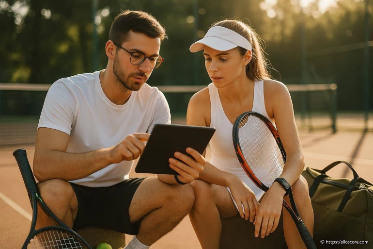 Deux joueurs de tennis regardant une tablette