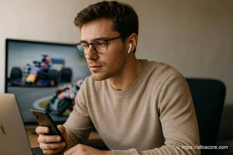 Homme concentré avec smartphone et écouteurs