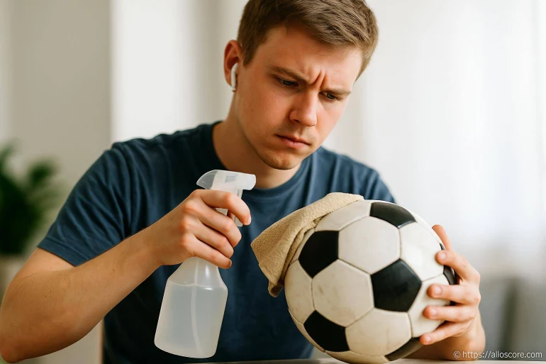 Jeune homme nettoyant un ballon de football