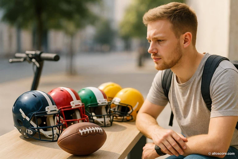Jeune homme pensif devant casques football américain