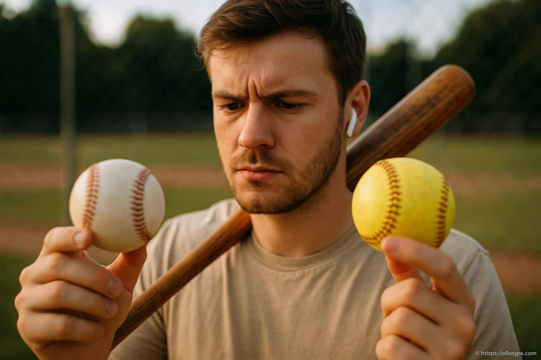 Homme comparant balle de baseball et balle de softball