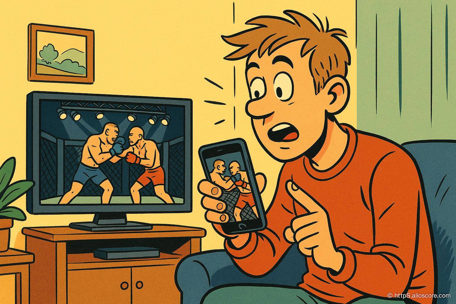 Homme regardant combat de boxe sur téléphone