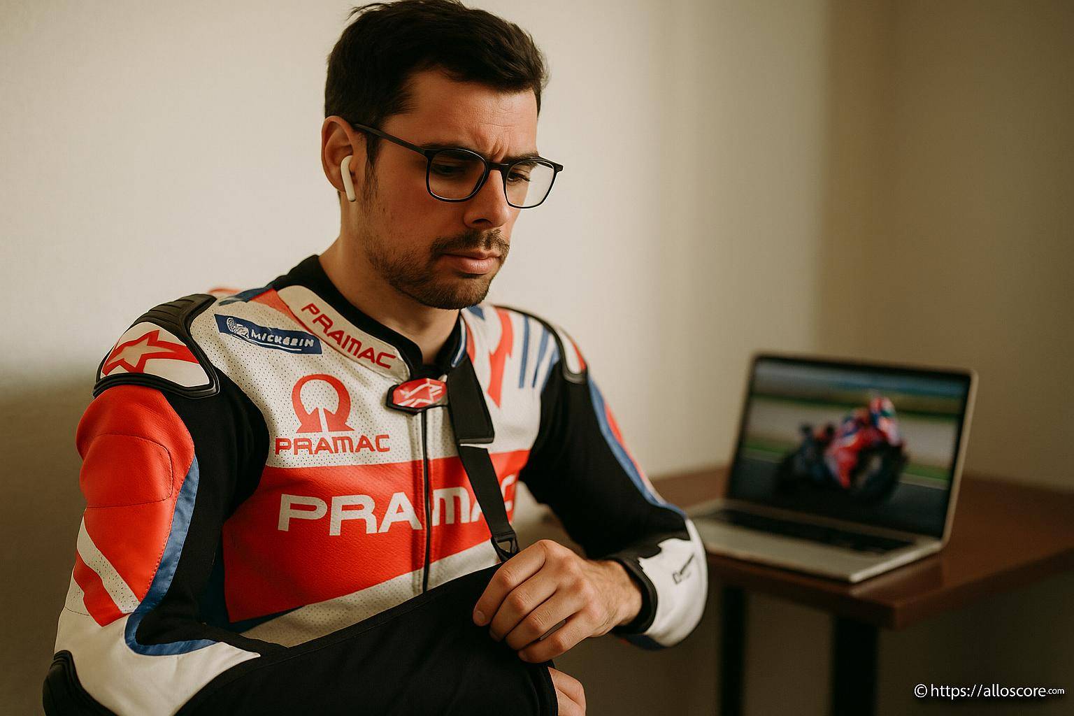 Homme en combinaison moto Pramac ajustant son harnais