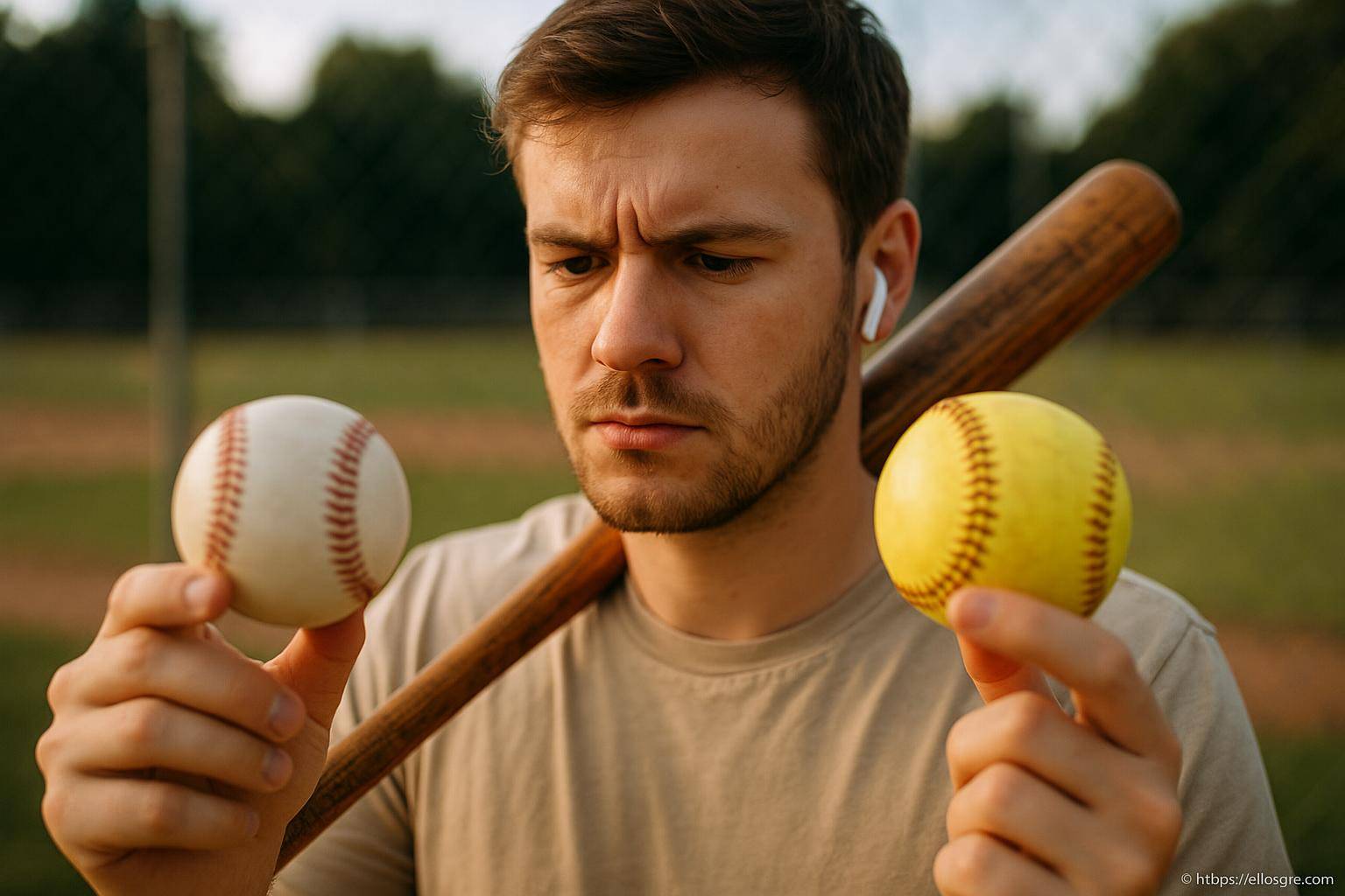 Homme comparant balle de baseball et balle de softball